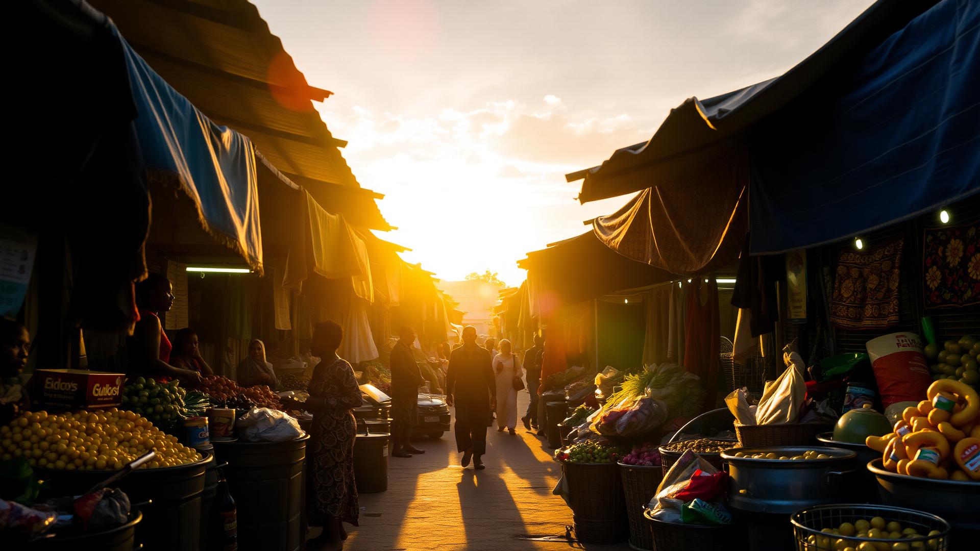 Traders at a bustling African market at sunset